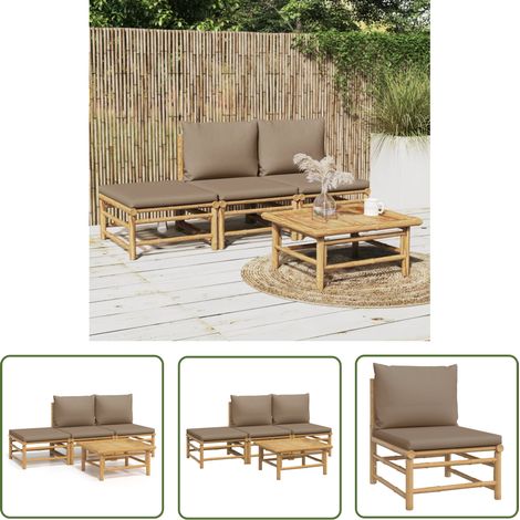 The Living Store Salon de jardin 4 pcs avec coussins taupe bambou - Salon De Jardin - Mobilier De Jardin - Ensemble De Salon - Meubles De Jardin - Bambou (1/5)