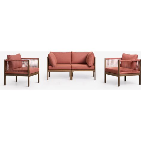 SKLUM Wohnzimmerset mit 2-teiligem modularen Sofa mit Armlehnen und 2 Sesseln aus Akazienholz Branson Terrakotta – Akazienbraun                                  