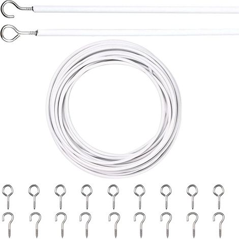 Kit de câble spiralé pour rideaux 10 m avec 25 œillets et 25 clous en métal ressort de tension et crochets de suspension blanc (1/5)