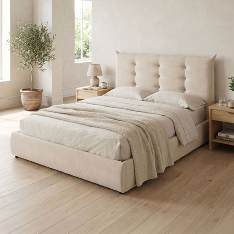 Lit coffre 160x200 tête de lit capitonnée en tissu texturé beige (1/5)