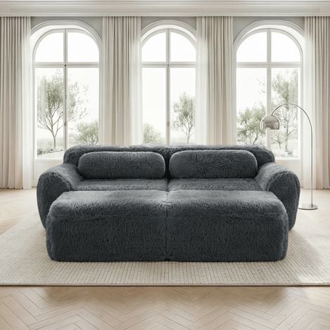 Canapé Nuage 2 places sans armature, gris, moelleux en peluche douce, modulable avec 2 poufs, confortable pour salon, sans montage (1/4)