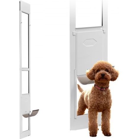 Puerta para Perros, Puerta Corrediza de Cristal, Altura Ajustable de 2311-2439 mm, Marco de Aleación de Aluminio con Bisagras Metálicas Giratorias y Cerradura, Blanco, 2440 x 310 x 20 mm, M (1/5)