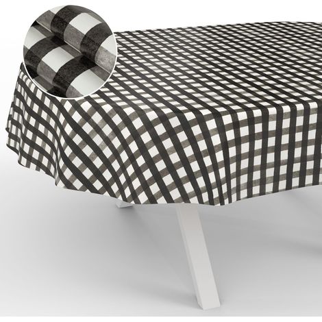 Nappe en Toile cirée, Lavable, pour Table de Jardin, extérieur, intérieur, Ovale, Bord coupé, à Carreaux, Noire, 180 x 140 cm (1/5)