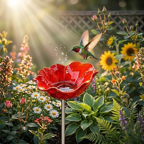 Piquet de jardin en métal fait à la main pour bain d'oiseaux et station d'arrosage des abeilles, décoration de jardin en métal pour mangeoire à oiseaux, décoration de cour (1 pièce, rouge) (1/5)