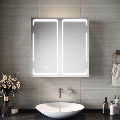 Sirhona – Miroir lumineux de salle de bain 590 x 600mm – Anti-buée avec prise rasoir – Lumières LED réglables – Double portes à fermeture progressive (1/5)