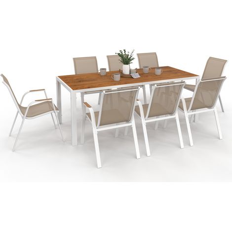 Idmarket – Ensemble table et 8 chaises de jardin 190 cm – Plateau verre trempé effet bois – Chaises empilables en textilène blanc et bois