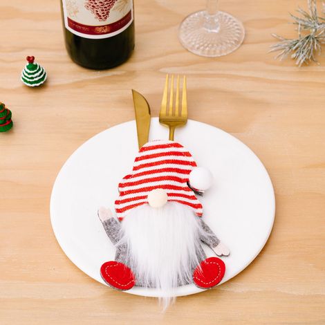 Support Couverts Gnome De Noël - En Tissu Non Tissé - Pour Fourchette Cuillère - Décoration Table Festive - Lot De 3 (1/4)