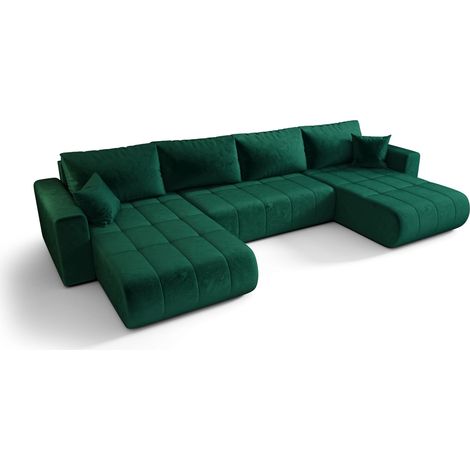 Canapé d’angle velours panoramique convertible avec rangement SVEN-Vert (1/4)