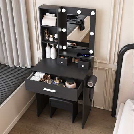 Coiffeuse 60x38x131,5 cm en MDF noir, avec rangement, LED 3 modes pour chambre FloraGrace (1/5)