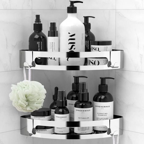 Etagere Salle de Bain Douche INOX Serviteur Rangement Organiseur sans Vis percage Adhésif Pose Murale Dégâts 2pcs (1/5)