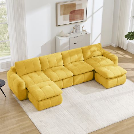 Canapé 4 places modulable en U, en chenille sans cadre, avec 2 ottomanes, assise large capitonnée, mousse haute densité 32D, Jaune, 334 x 160 x 68 cm, sans montage, pour salon et appartement