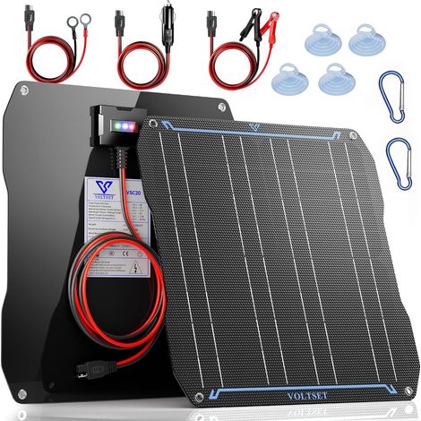 Chargeur de batterie de voiture à panneau solaire de 20 W, 12 V, ETFE, portable, étanche, chargeur de batterie de maintenance et de maintenance pour voiture, bateau, camping-car et moto (1/5)