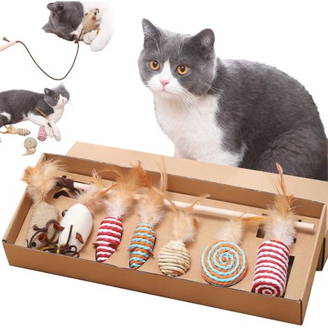 Set di 7 giocattoli per gatti con bacchetta da 40 cm: topo in tessuto, palline di sisal e giocattoli a molla. Gioco sensoriale e di agilità per gattini, gatti da appartamento o felini di piccola tagli (1/5)