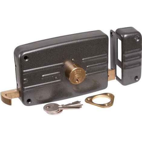 Serrure multipoint en applique noire à tirage – Clé I – Axe 70 mm – 1 point de verrou – Pour portes d'entrée – Acier – ISO (1/3)
