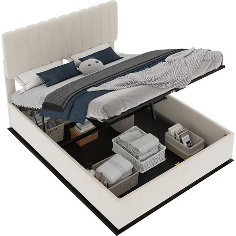 Lit rembourré minimaliste moderne, 160 x 200 cm, beige, meuble de chambre multifonction avec tête de lit douce et confortable, base de rangement haute avec mécanisme de levage à gaz, matelas non inclu (1/5)