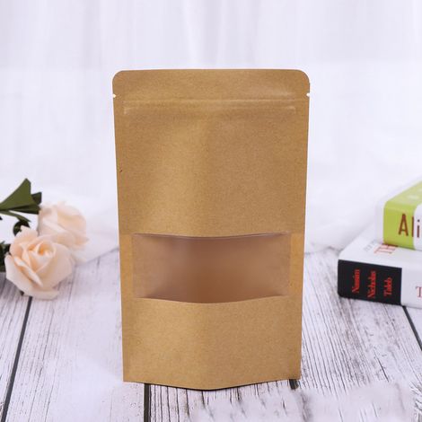 Lot de 50 sachets kraft à fermeture zip, refermables et munis d'une encoche de déchirure et d'une fenêtre mate. (1/3)