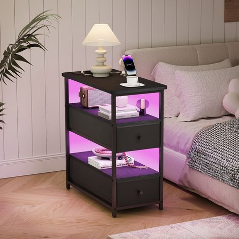 Nachttisch mit LED-Beleuchtung und Mehrfachsteckdose, Moderner Beistelltisch mit 2 Schubladen und 2 offenen Fächern, Beistelltisch für Wohnzimmer, Schlafzimmer und Büro, Schwarz (1/5)