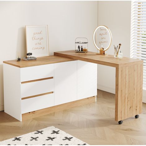 Scrivania pieghevole girevole 120 x 50 x 78 cm con ruote frenate, bianco/rovere DESVIAE (1/5)