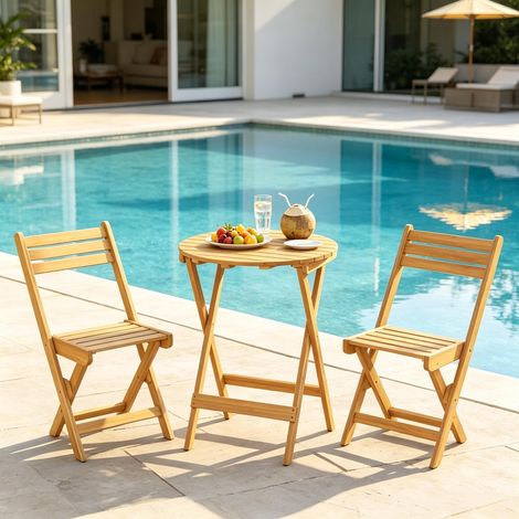 Salon de jardin bistrot 3 pièces en bois d’acacia naturel,table pliante 60x60x75cm,2 chaises pliantes 42x51x83 cm,Bois naturel (1/5)