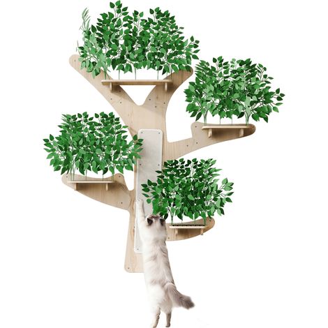Arbre à chat mural en forme d'arbre en pin massif avec plateformes et surface à griffer, 155×210 cm (1/5)
