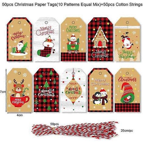 Lot de 50 étiquettes cadeaux de Noël en papier pour emballage cadeau, décorations à suspendre au sapin et décorations du Nouvel An. 50 pièces - lot de 6.