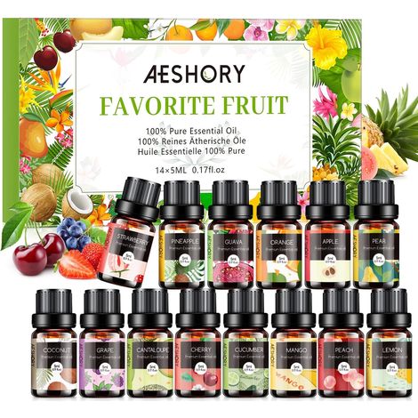 TOP14 Fruity Aromatherapy Fragrance Oils Set, Fruit Essential Oils for Natural Diffusers, Suitable for Aromatherapy, Massage, DIY Candle, Cherry, Strawberry, Mango, Pineapple (1/5)