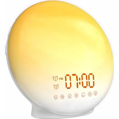 Reveil Lumineux, Reveil Matin Simulateur d'Aube et Crépuscule, Snooze,7 Sons Naturels, FM Radio Réveil, Veilleuse LED 7 Couleurs, Lampe de Chevet