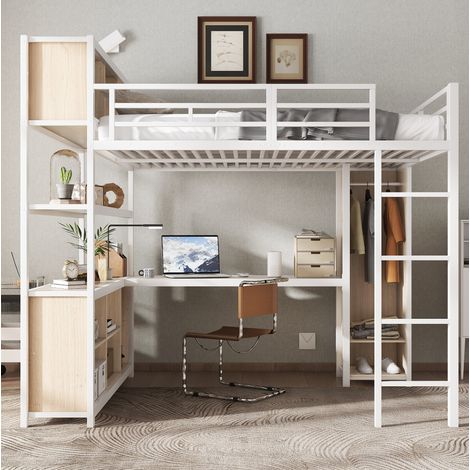 Bett Hochbett modern 140x200 cm aus Metall und Holzwerkstoff weiß/natur mit Schrank, Schreibtisch und Stauraum (1/5)