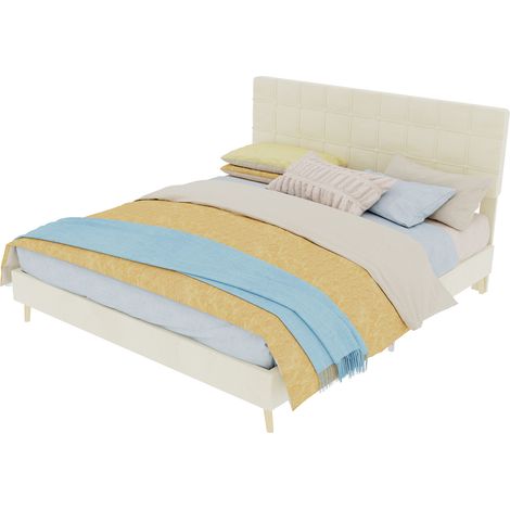 Modernes Polsterbett 160x200 cm in Beige mit kariertem Kopfteil, elegantes Stoffbett und Doppelbett mit Holzfüßen, Saugroboter geeignet (1/5)