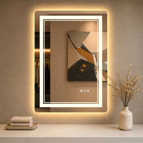 Espejo de baño con LED de 70 x 50 cm – 3 colores de luz – Botón táctil inteligente – Antivaho – Resistente al agua (IP44) – Cristal HD – Ahorro energético (1/5)