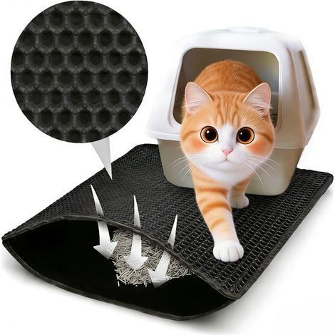 Tapis de litière pour chat 75 x 55 cm, double couche nid d’abeille, étanche et antidérapant, collecteur de sable, noir (1/5)