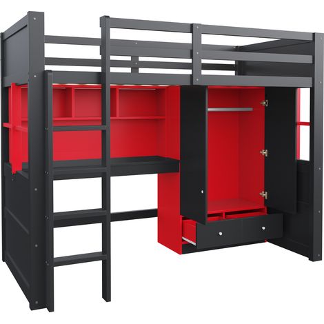 GagaLit mezzanine 90x200 gaming, avec bureau, armoire et tiroirs, noir et rouge (1/5)
