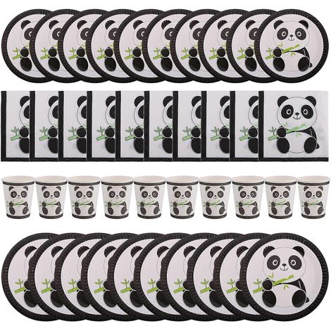 Ensemble de 1 assiette, serviettes et gobelets jetables en papier à motif panda adorable - Fournitures d'anniversaire (1/5)