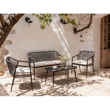 Conjunto de jardín 4 plazas ratán sintético estructura de metal cojines de tela con fundas extraíbles sillones sofá y mesa negro Flero (1/5)