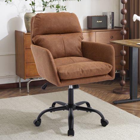 Chaise de bureau simili cuir PU base noire réglable hauteur, adapté bureau, chambre et coiffeuse. Brown