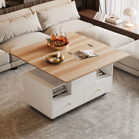 Table basse réglable en hauteur avec fonction rabattable et 4 tiroirs, 100 x 50 x 47,5 cm, table élévatrice hydraulique (grande et petite), table de salon mobile sur roulettes pivotantes, table de can (1/5)