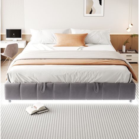 Cama tapizada moderna 180x200 cm gris, sin cabecero, con almacenaje hidráulico y luz LED blanca
