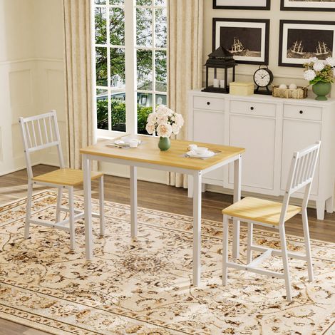 Ensemble table de repas industriel avec 2 bancs, table de cuisine 90x60 cm, bois mélaminé naturel et blanc, structure acier (1/5)