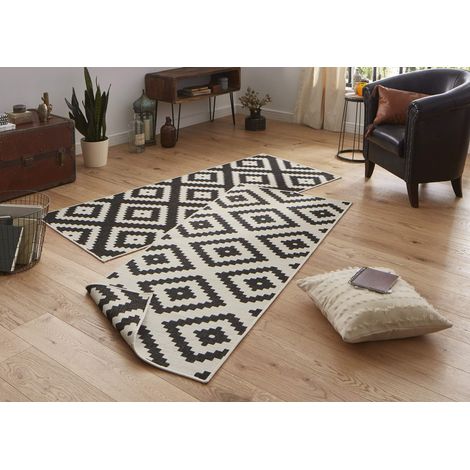 Tapis d'extérieur réversible résistant aux intempéries - Motif géométrique Moderne - pour Balcon, terrasse, Jardin, Jardin d'hiver, Salon - en polypropylène imperméable - Noir/crème - (1/5)