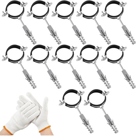 Set of 12 50 mm Hose Clamps + Dowels + Double Threaded Screws and 1 Glove, Screw Clamps with Insert, Hose Clamp for HT Tube, Water Pipe, Ventilation Tubes (1/5)
