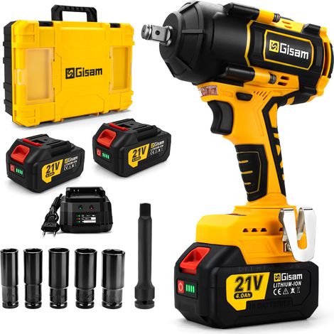 Gisam – Clé à chocs sans fil 21V – Couple 1800Nm – 2 batteries 4.0Ah – Moteur Brushless – Vitesse variable 3200 tr/min