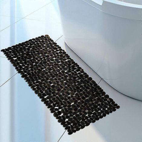 Tapis de douche rectangulaire en PVC antidérapant à motif galets noirs et ventouses (1/4)