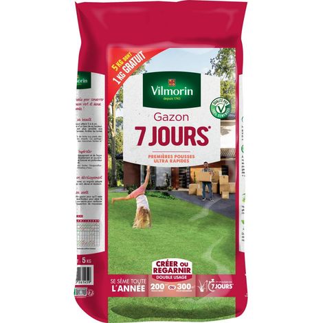 Vilmorin – Gazon 7 jours 5 kg – Composition tri-variétale – Germination rapide en 3-4 jours – Couvre 200 à 240 m²