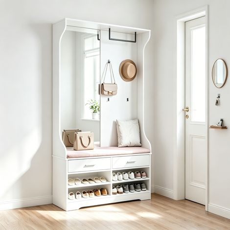Ensemble de meubles d'entrée avec miroir et étagère à chaussures, banc rembourré, 4 crochets patère, tringle à vêtements –104x35x180cm – Blanc (1/5)