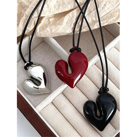 1 pc Collier long en forme de cœur asymétrique surdimensionné en cordon de cuir, bijoux pour femme (rouge, noir, argent), accessoires Y2K, cadeau pour la Saint-Valentin et la Fête des Mères (1/2)