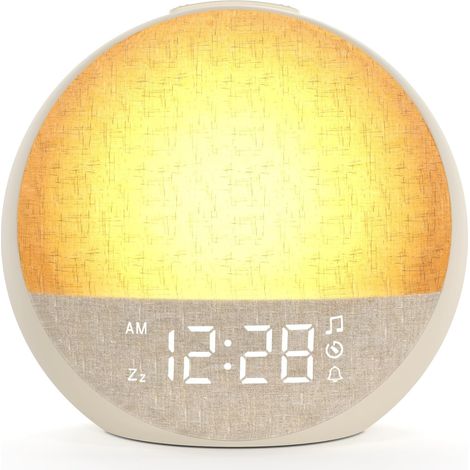 Reveil Lumineux Simulateur d'Aube, Eveil Lumière Réveil Matin avec 7 Sonneries, 30 Sons Naturels, Minuteur, Snooze, Lampe de Chevet avec 11 Couleurs Veilleuse, Cadeaux pour Enfant Ado Adulte