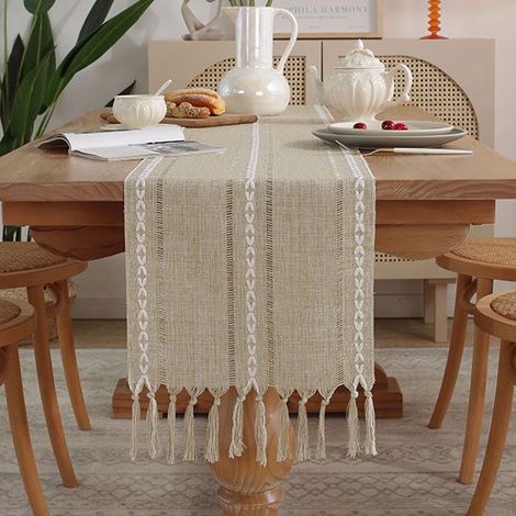 Nappe En Lin - 33 X 185 Cm - Style Bohème Avec Franges Artisanales - Pour Table Rectangulaire Ronde Ou Carrée - 1 Pièce (1/5)
