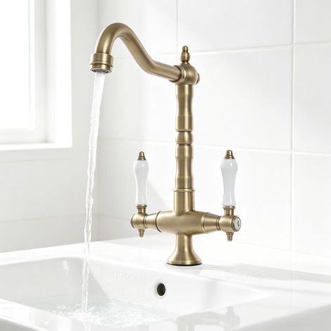 Robinet à deux poignées vintage à 2 poignées pour maisons et salles, Réglage indépendant de la température - 2 poignées - Robinet mural rotatif rétro - Rotation à 360 ° - Noyau de valve en (1/5)