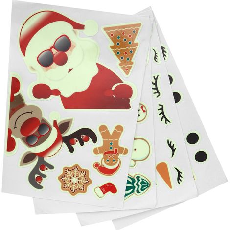 Lot de 4 autocollants décoratifs lumineux à faire soi-même, motif Père Noël, bonhomme de neige et renne, pour décorations de Noël murales et de portes. (1/5)