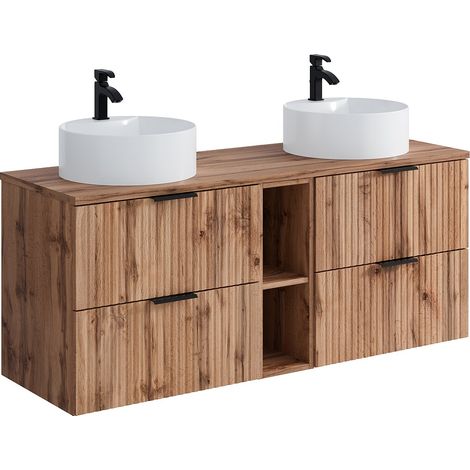 Meuble de salle de bain suspendu strié avec niches et double vasque à poser ronde - Naturel clair - L140 cm - ZEVARA